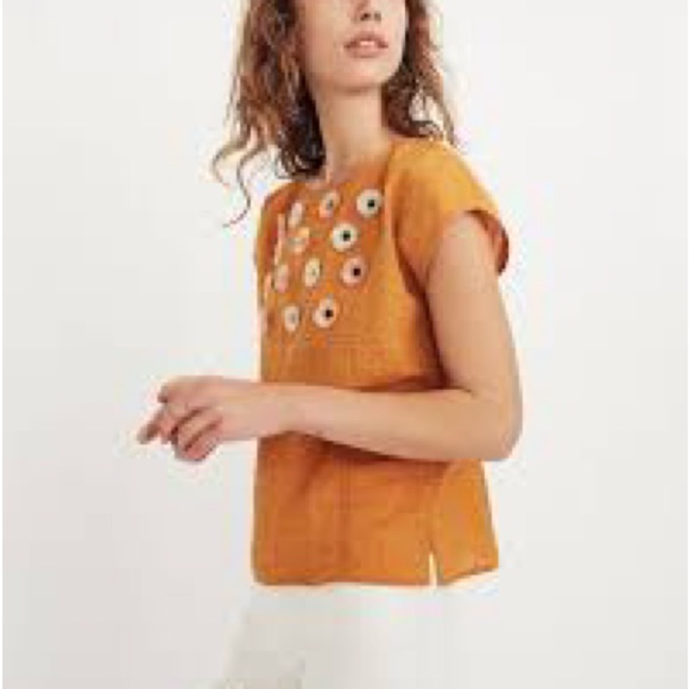 Madewell sunflower embroidered top with Swiss dots light cotton mustard orange